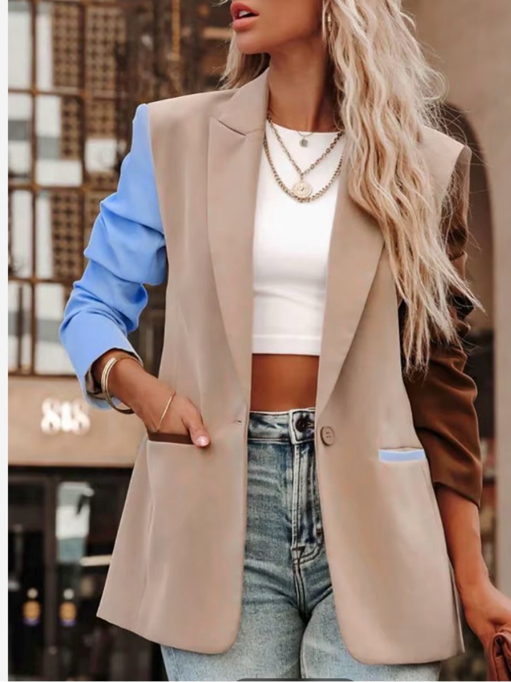 Endless Rose Beige Blazer with Blue and Brown Colorblock Sleeves